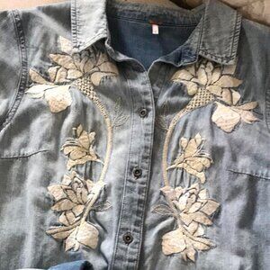Free People Embroidered Denim Shirt